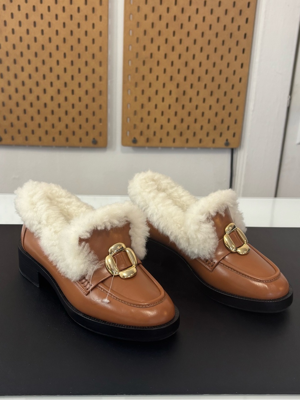 Larroude Women's Bobbie Shearling Trim Brown Leather Block Heel Loafers, Sz US 5